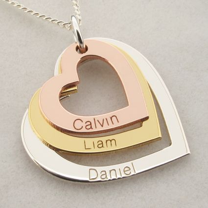 Three Colour 9ct Gold Triple Heart Personalised Family Necklace