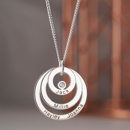 Sterling Silver Engraved Triple Disc Personalised Family Necklace With Diamond