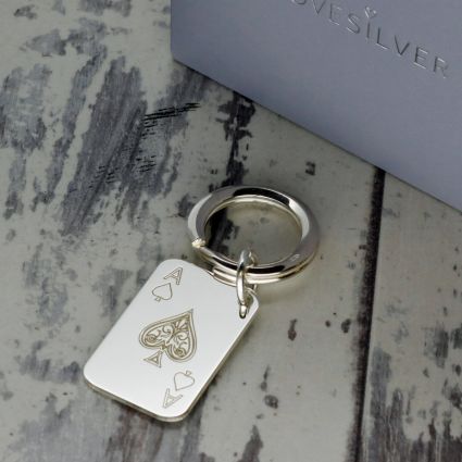 Sterling Silver Ace Of Spades Poker Card Keyring With Optional Engraving