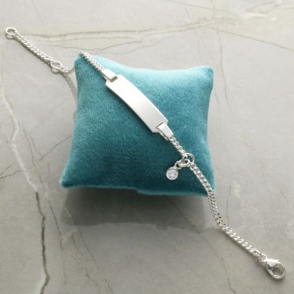 Sterling Silver Baby and Childrens ID Bracelet With Hanging Crystal and Optional Engraving