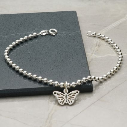 Sterling Silver Bead Ball Anklet With Butterfly Charm 