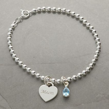 Sterling Silver Bead Ball Bracelet or Anklet with Engraved Heart and Birthstone