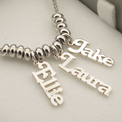 Name Pendants on Rhodium Plated Chain with Rhodium Plated Beads