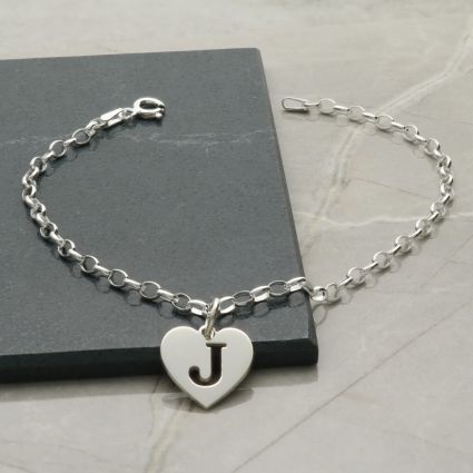 Sterling Silver Belcher Bracelet With Initial Heart Charm 