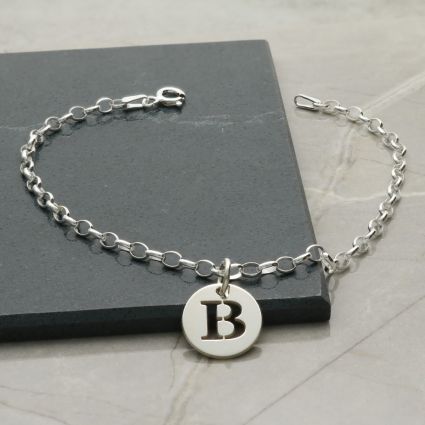 Sterling Silver Bracelet With Initial Disc Charm & Chain Style Choice