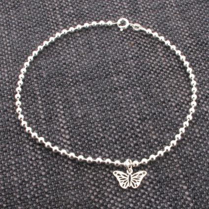 Sterling Silver Bead Ball Bracelet With Butterfly Charm  