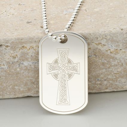 sterling silver dog tag with an engraved Celtic cross design to the front and on a silver bead ball chain
