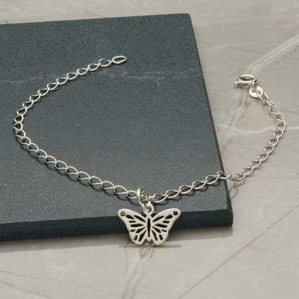 Sterling Silver Curb Bracelet With Butterfly Charm 