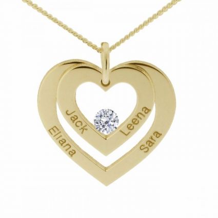 9ct Yellow Plated Gold Double Heart Personalised Necklace With Diamond