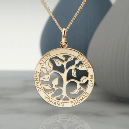 9ct Yellow Gold Filigree Tree of Life Disc Personalised Family Necklace