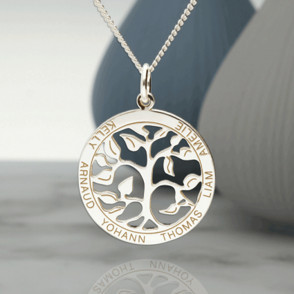 9ct White Gold Filigree Tree of Life Disc Personalised Family Necklace