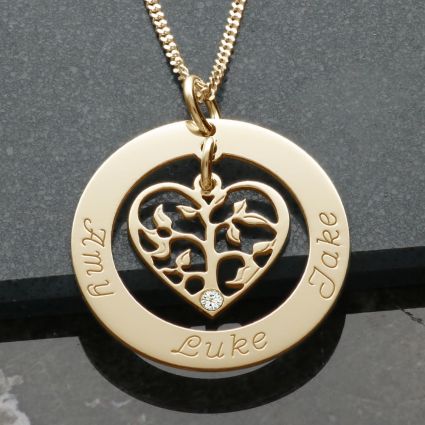 9ct Yellow Gold Plated Filigree Heart Tree of Life Family Necklace With Crystal Or Real Diamond