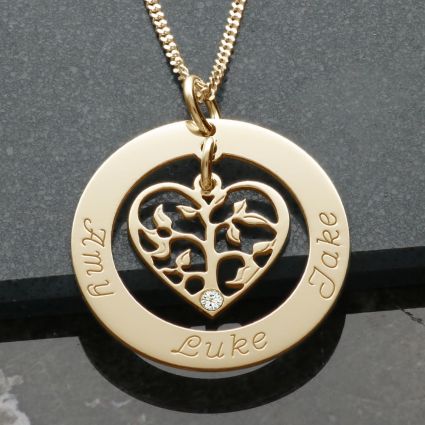 9ct Yellow Gold Filigree Heart Tree of Life Family Necklace With Diamond