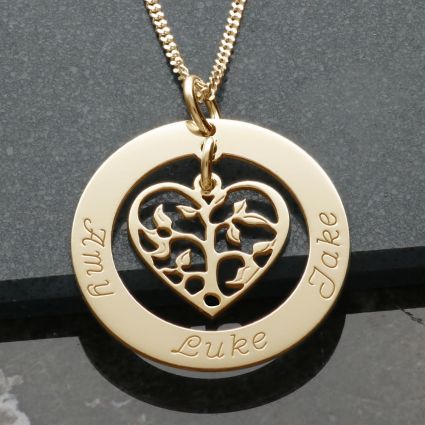 9ct Yellow Gold Hanging Filigree Heart Tree of Life Family Necklace