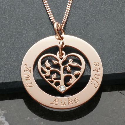 9ct Rose Gold Plated Filigree Heart Tree of Life Family Necklace With Crystal Or Real Diamond