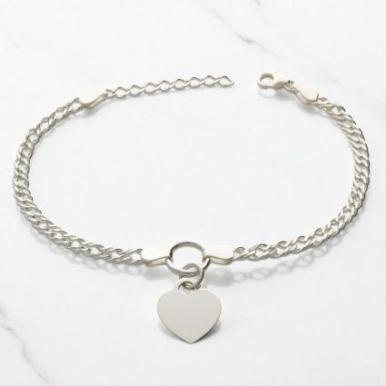 Sterling Silver Ladies Heart on Fancy Double Curb Chain Bracelet With Optional Engraving