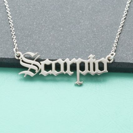9ct White Gold Gothic Old English Zodiac Necklace