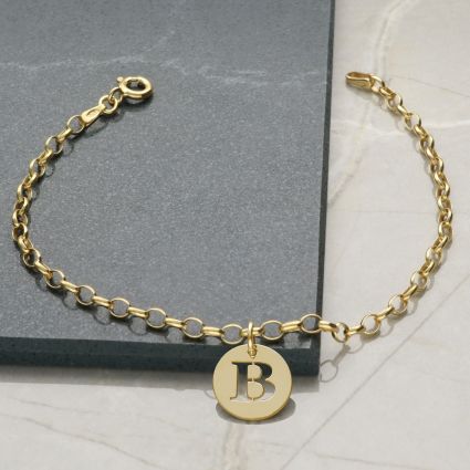 9ct Yellow Gold Plated Bracelet With Initial Disc Charm & Chain Style Choice