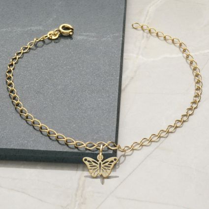 Yellow Gold Plated Bracelet With Butterfly Charm And Chain Style Choice