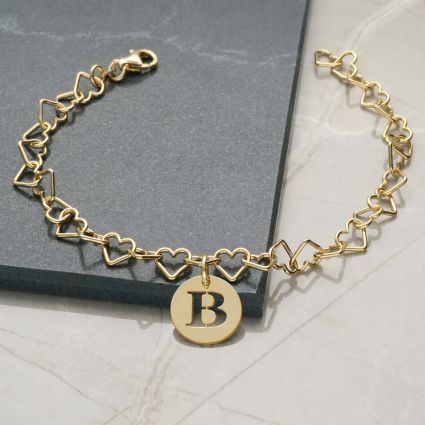 9ct Yellow Gold Plated Light Heart Charm Bracelet With Initial Disc Charm