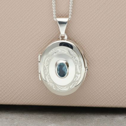 Sterling Silver Oval Locket With Blue Topaz & Optional Engraving 