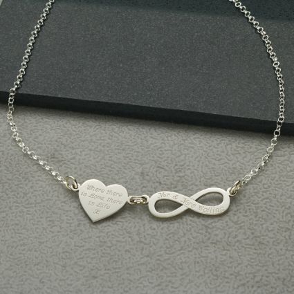 Sterling Silver Engraved Heart and Infinity Necklace