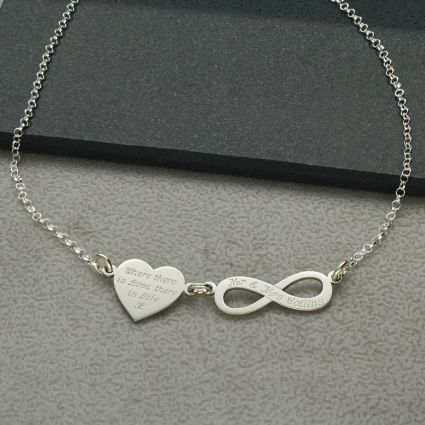Sterling Silver Engraved Heart and Infinity Necklace