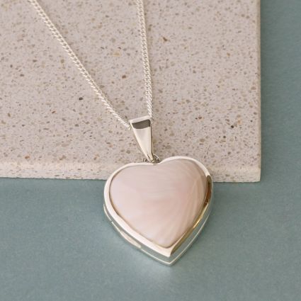 Sterling Silver Pink Mother Of Pearl Heart Locket With Optional Engraving & Chain
