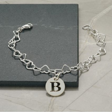 Sterling Silver Light Heart Charm Bracelet With Initial Disc Charm