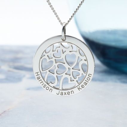 Sterling Silver Hearts in Engraved Disc Necklace
