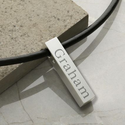 Mens Silver Heavy 3D Engraved Bar Pendant With Leather Necklace