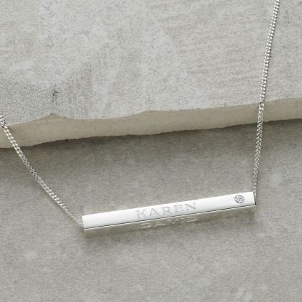 Sterling Silver 3D Horizontal Engraved Name Bar Pendant With Crystal Or Real Diamond & Chain