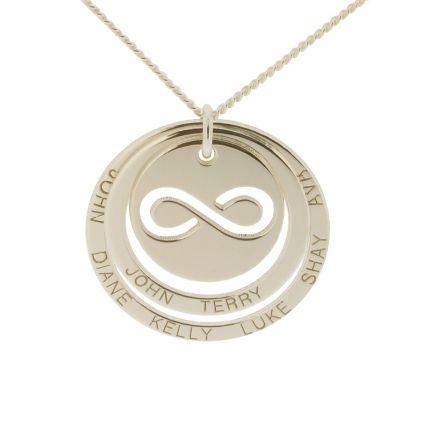 Solid White Gold Engraved Two Disc Cut Out Infinity Pendant Necklace