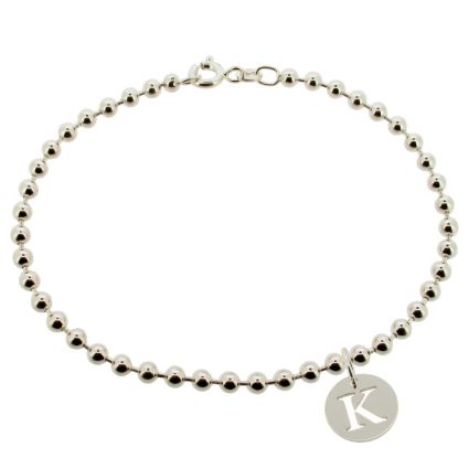 Sterling Silver Bead Ball Bracelet With Initial Disc Charm