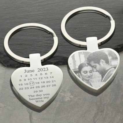 Mirror Polished Special Date Calendar & Photo Engraved Heart Keyring