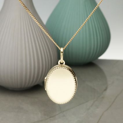 Solid Yellow Gold Millgrain Edge Oval Locket With Optional Engraving & Chain