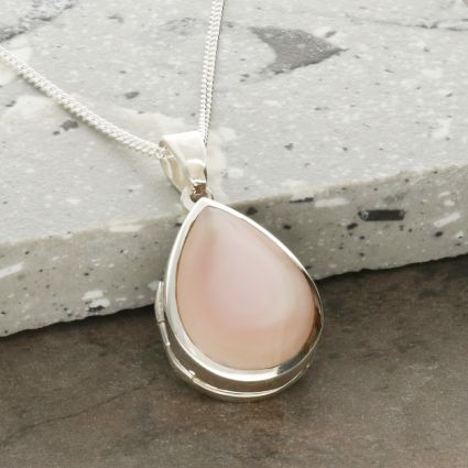Sterling Silver Tear Drop Pink Mother Of Pearl Locket With Optional Engraving & Chain