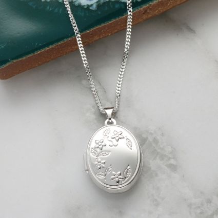 Sterling Silver Flower Pattern Oval Locket with Optional Engraving and Chain