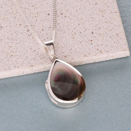 Sterling Silver Tear Drop Black Mother Of Pearl Locket With Optional Engraving & Chain