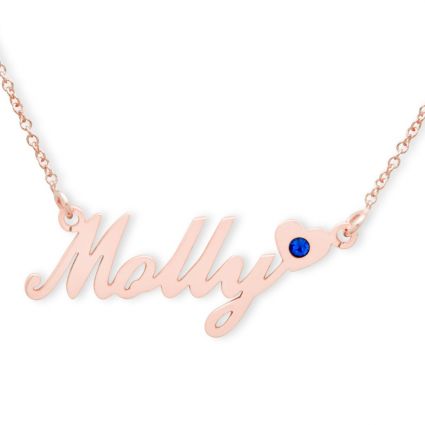 9ct Rose Gold Plated Carrie Style (Sex & The City) Personalised Name Necklace With Heart & Birthstone