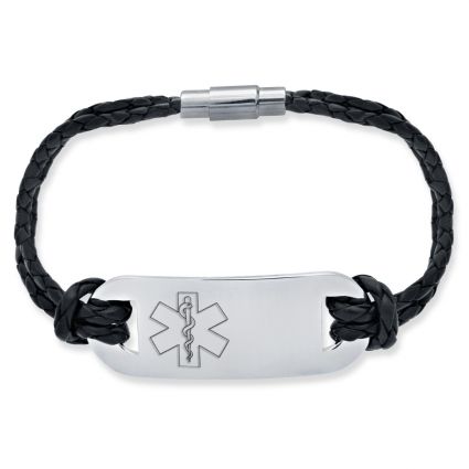 Mens Leather and Stainless Steel Medical Bracelet On Black Leather Bracelet