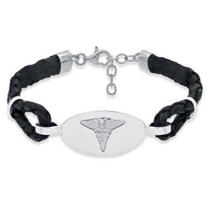 Mens Leather & Sterling Silver Medical Bracelet