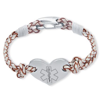 Ladies Leather and Stainless Steel Heart Medical Bracelet On Pearl Leather Bracelet