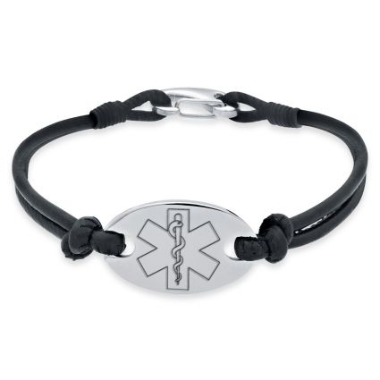 Ladies Leather and Stainless Steel Medical Bracelet On Black Leather Bracelet