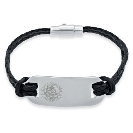 Mens Leather and Stainless Steel  St Christopher Bracelet (Black Leather)