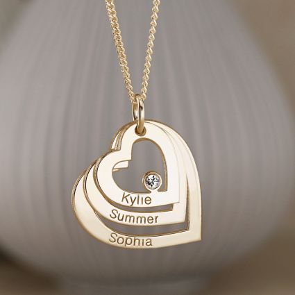 9ct Yellow Gold  Plated Engraved Triple Heart Pendant With Diamond & Optional Chain