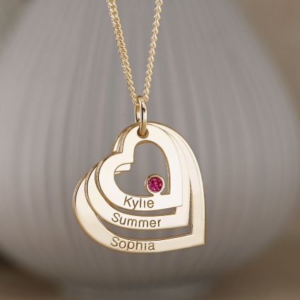 9ct Yellow Gold  Plated Engraved Triple Heart Pendant With Ruby & Optional Chain