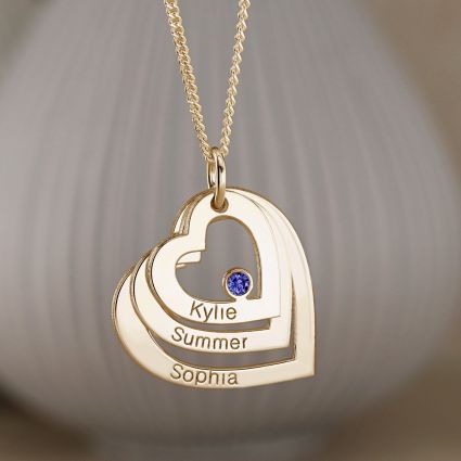 9ct Solid Yellow Gold Engraved Triple Heart Pendant With Sapphire & Optional Chain