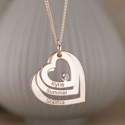 9ct Rose Gold Plated Engraved Triple Heart Pendant With Diamond & Optional Chain