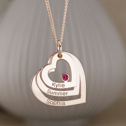 9ct Rose Gold Plated Engraved Triple Heart Pendant With Ruby & Optional Chain